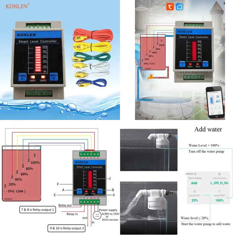 Water Alarm Sensor - KONLEN水位センサー WIFI水槽レベルコントローラー 自動深井戸ポンプバルブ制御 洪水漏れ警報器
