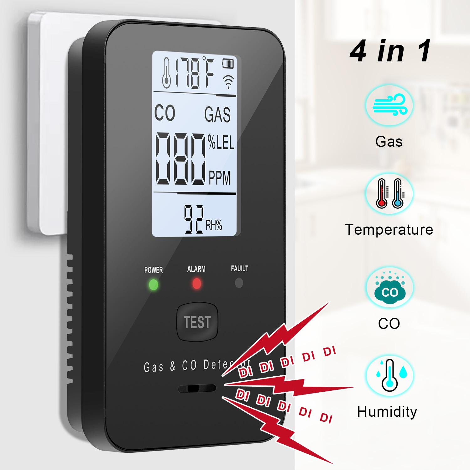 Co Detector Plug - 天然ガスと一酸化炭素検知器、プラグイン式一酸化炭素警報器、プロパン、メタン、4-in-1可燃性ガスと一酸化炭素検知器警報器